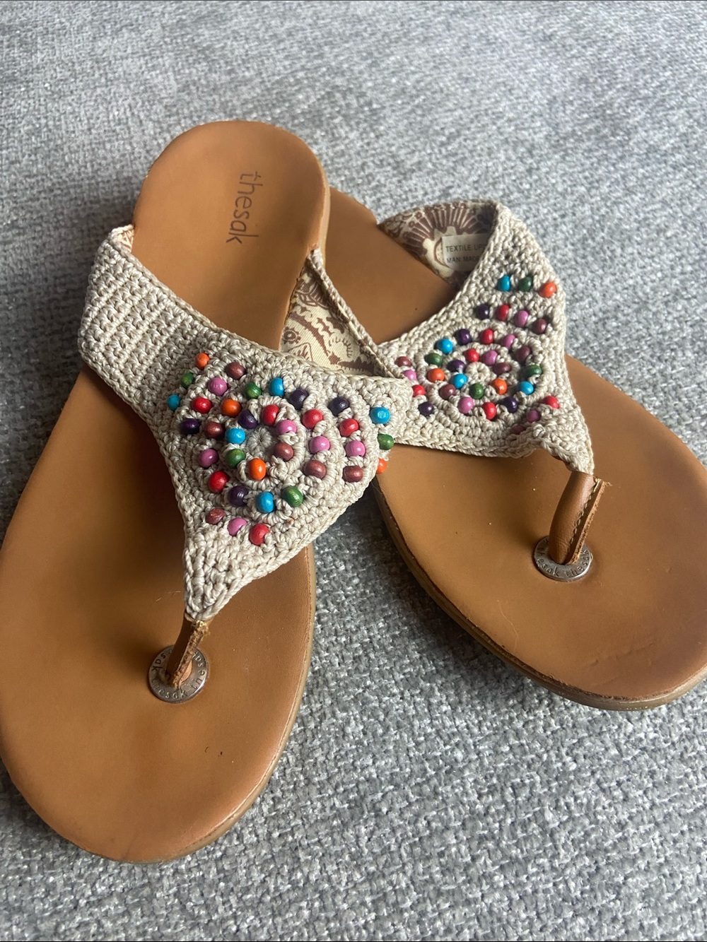 The Sak Tan Crochet Thong Sandals with Multicolor Beads size 9